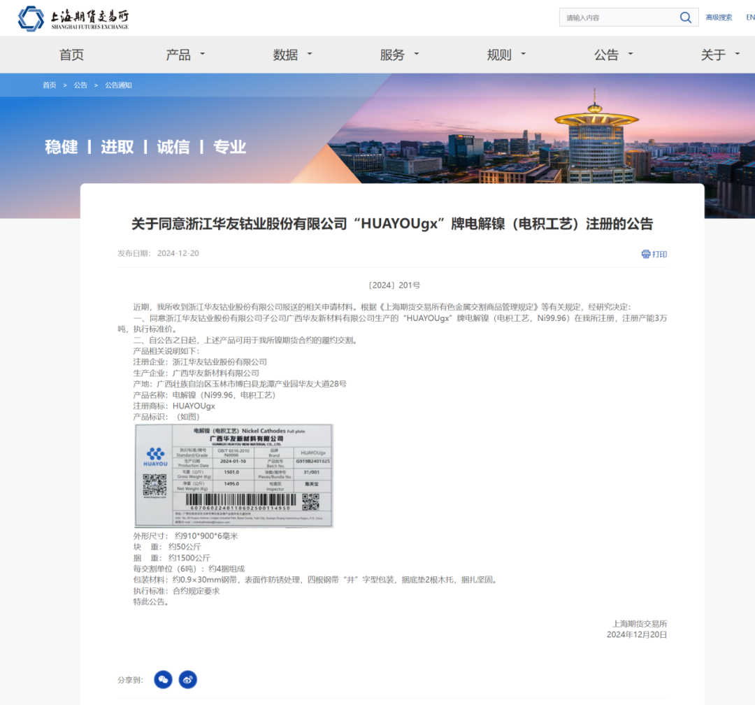 Electrolytic Nickel 'HUAYOUgx' Successfully Registered Again!-News Releases-Huayou New Energy Technology (Quzhou) Co., Ltd.